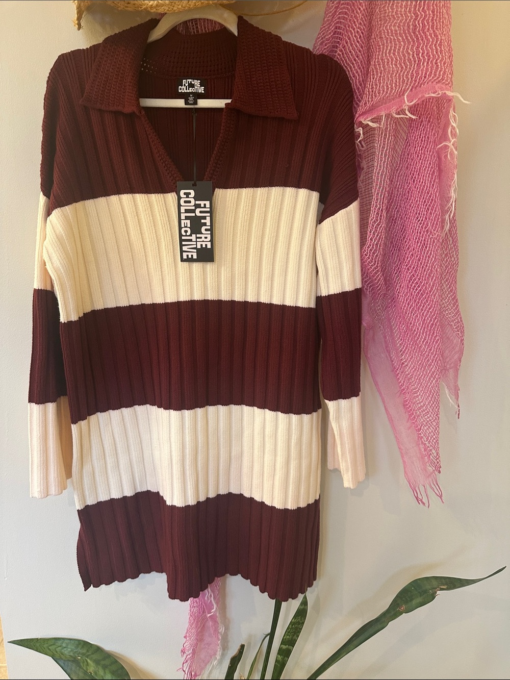 Women's Burgundy & Cream Striped Ribbed Sweater-dress